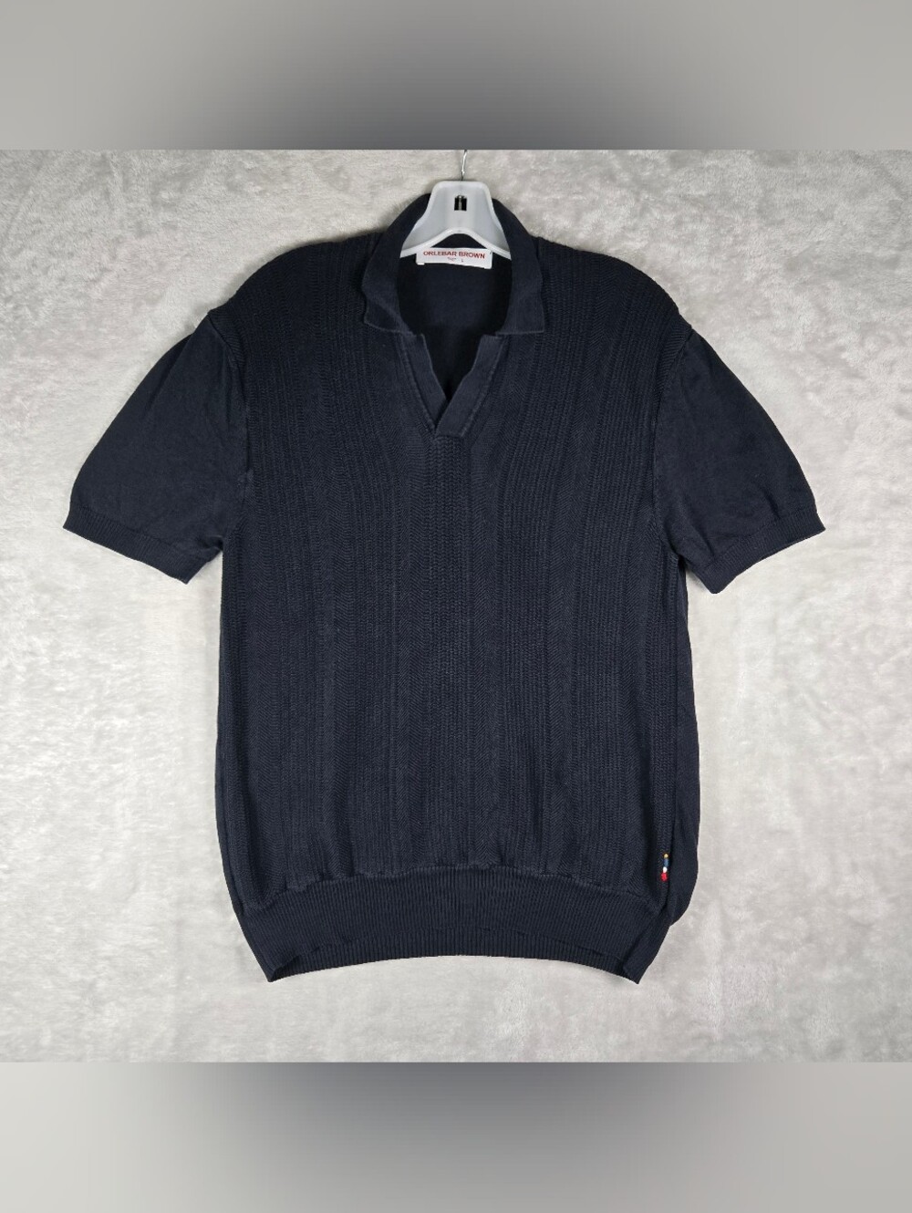 Orlebar Brown Textured Knit Polo Mens Size Large Navy Blue Silk Cotton V Neck